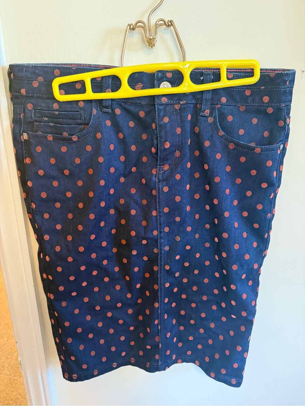 Pilcro and the Letterpress Navy Denim Skirt with Red Polka Dots